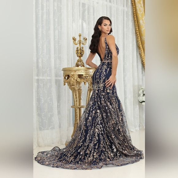 Navy/gold or charcoal/gold mermaid fitted beaded long floor length gown - Picture 3 of 9